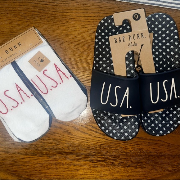 Rae Dunn Shoes - NWT Rae Dunn USA Navy Slides Womens 9 and 10 Pairs of Patriotic Socks Set